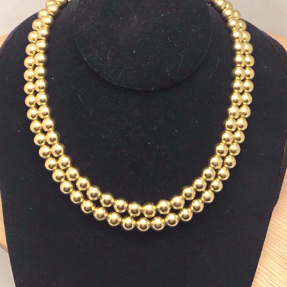 Vintage Monet Double Strand Gold Tone Ball Bead Necklace, Signed,17 1/4” Length